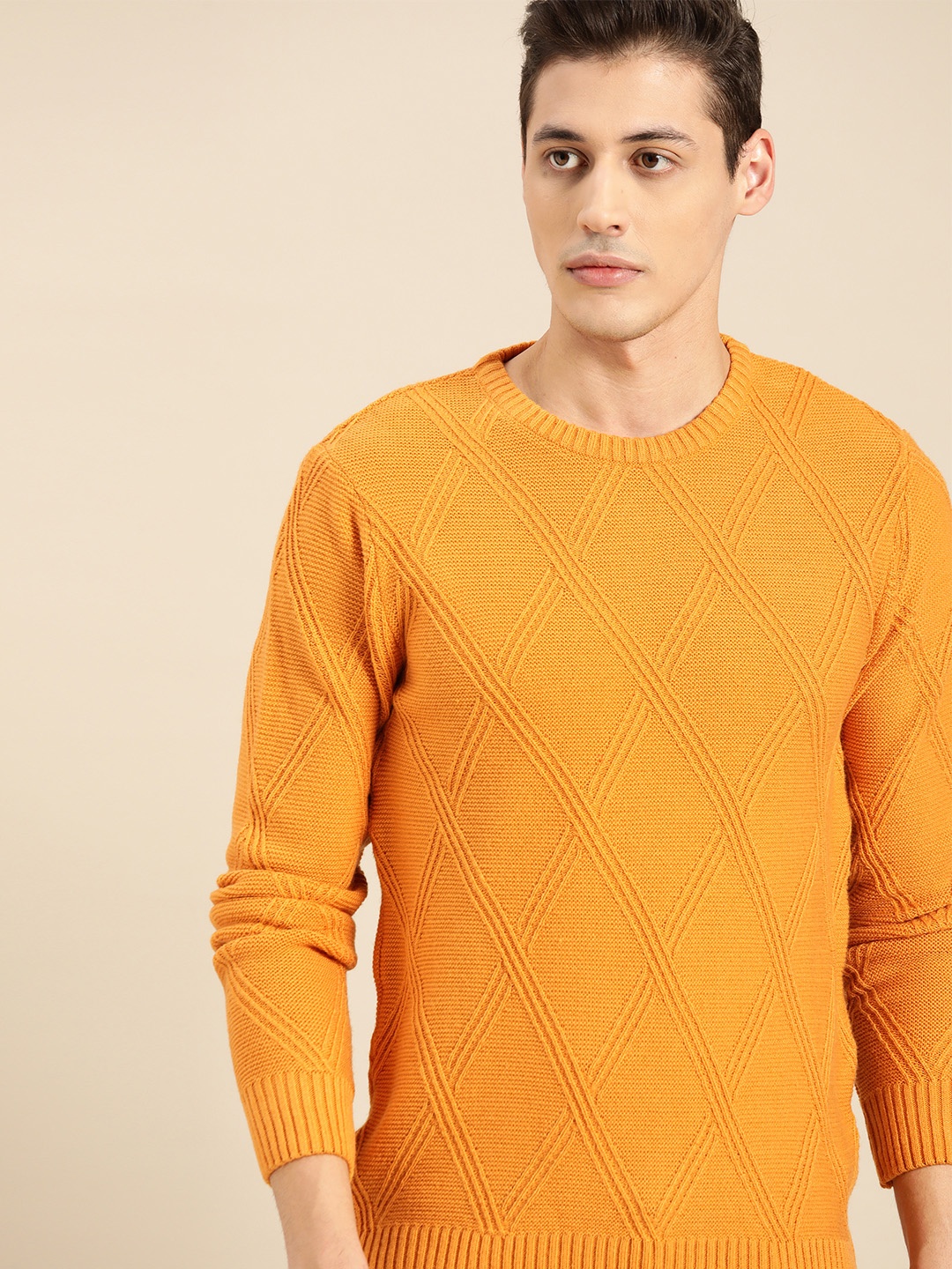 

ether Men Mustard Yellow Self-Checked Pullover Sweater