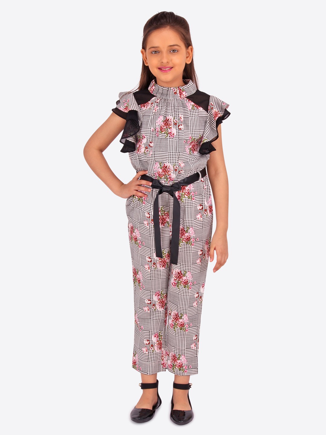 

CUTECUMBER Girls Black & White Printed Basic Jumpsuit