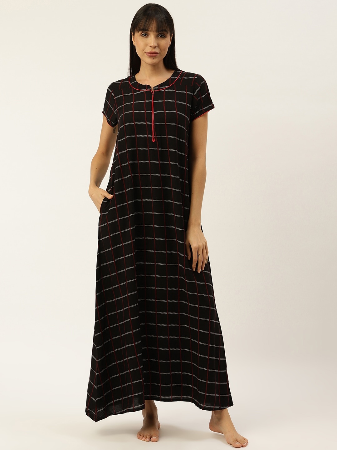 

Sweet Dreams Women Black & Red Checked Maxi Nightdress