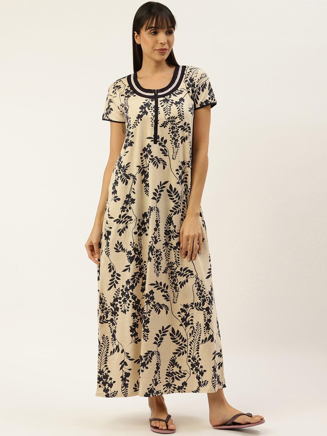 

Sweet Dreams Beige & Navy Blue Floral Print Maxi Nightdress