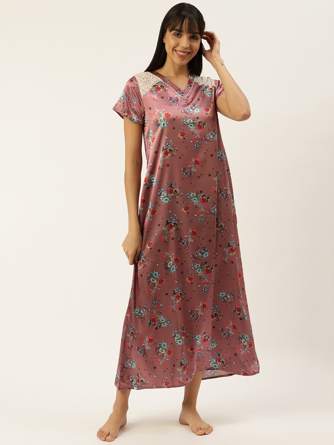

Sweet Dreams Women Pink & Blue Satin Finish Floral Print Maxi Nightdress
