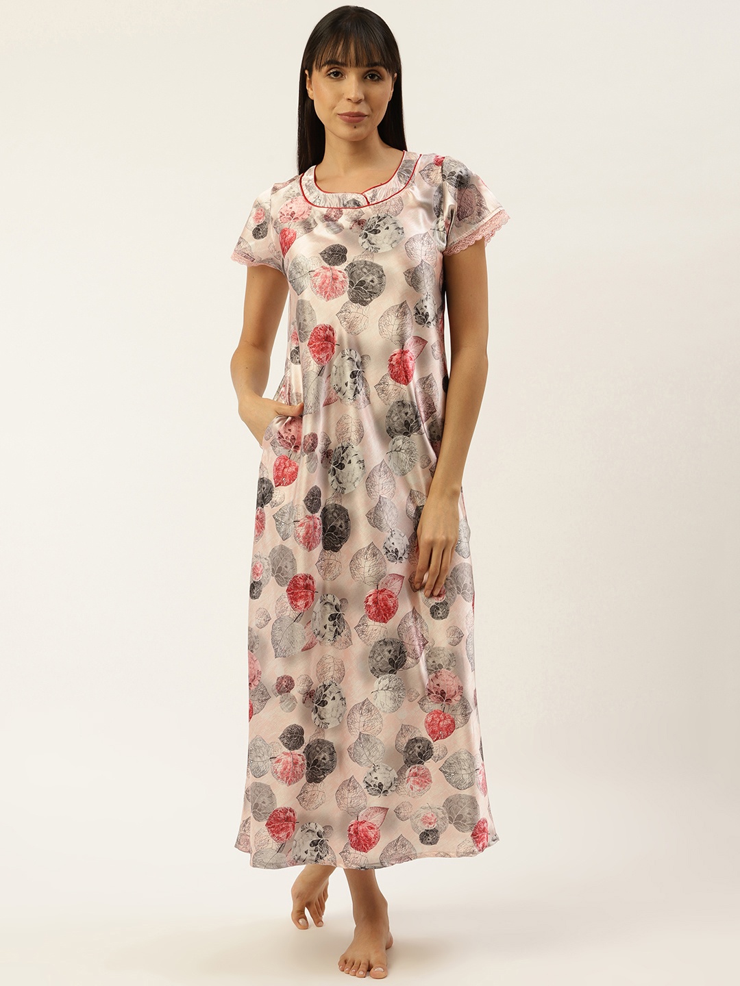 

Sweet Dreams Women Peach-Coloured & Grey Satin Finish Leaf Print Nightdress