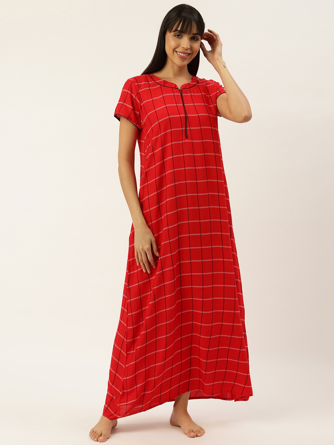 

Sweet Dreams Women Red & White Checked Maxi Nightdress