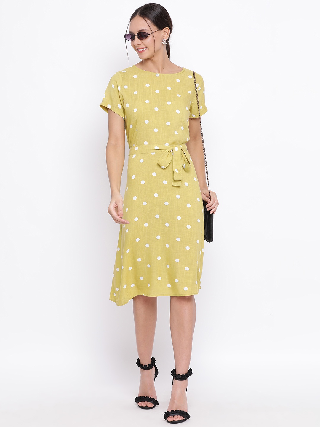 

Crimsoune Club Women Yellow Polka Dot Printed Fit and Flare Dress