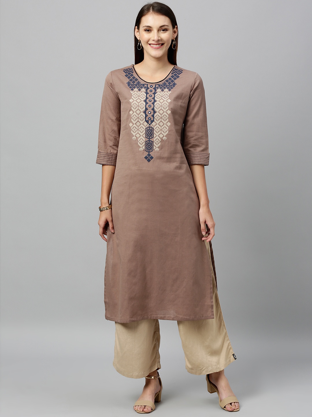 

Alena Women Beige Embroidered Straight Kurta