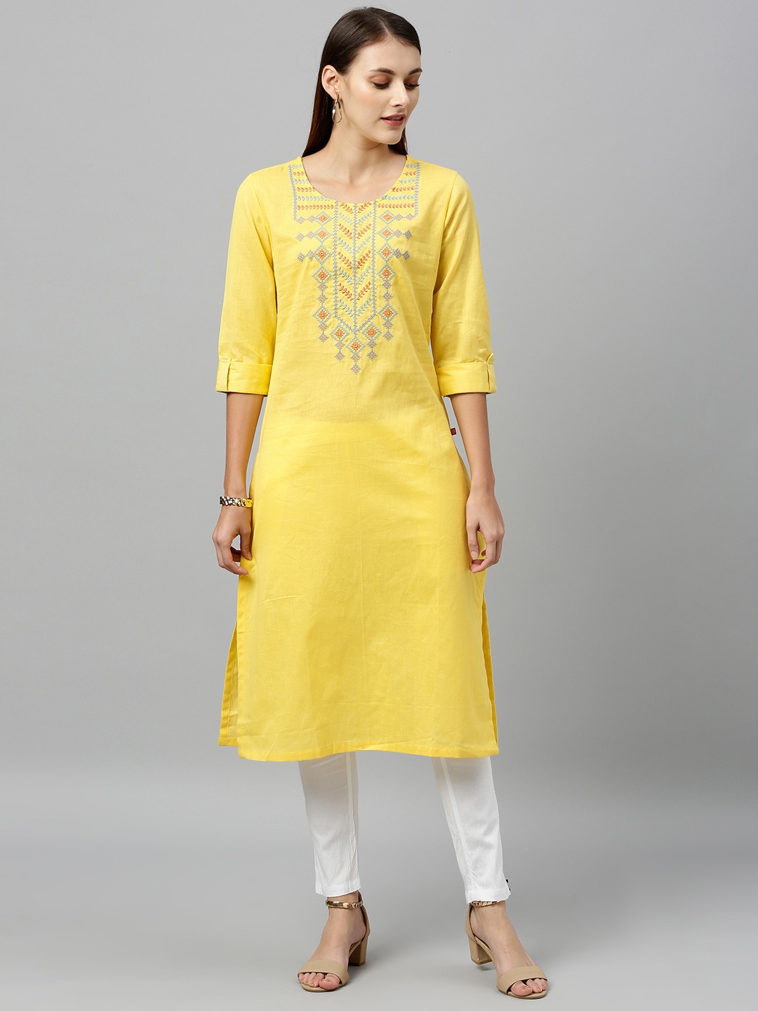 

Alena Women Yellow Embroidered Straight Kurta