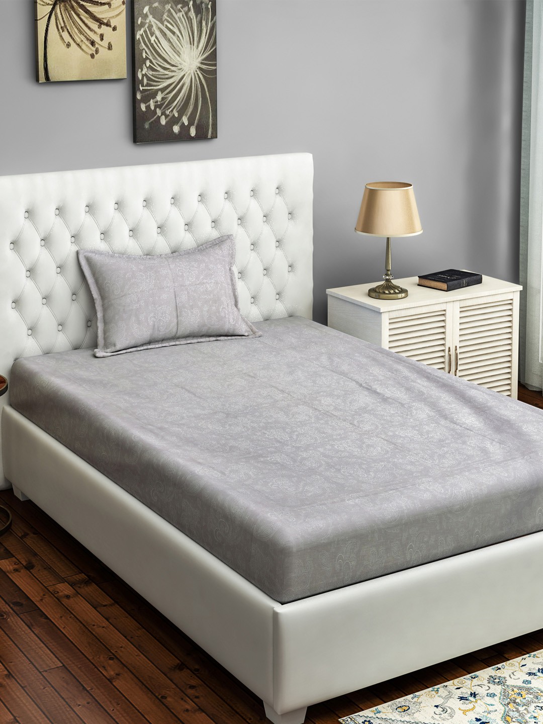 

SWAYAM Grey Ethnic Motifs Single Bedsheet with 1 Pillow Cover