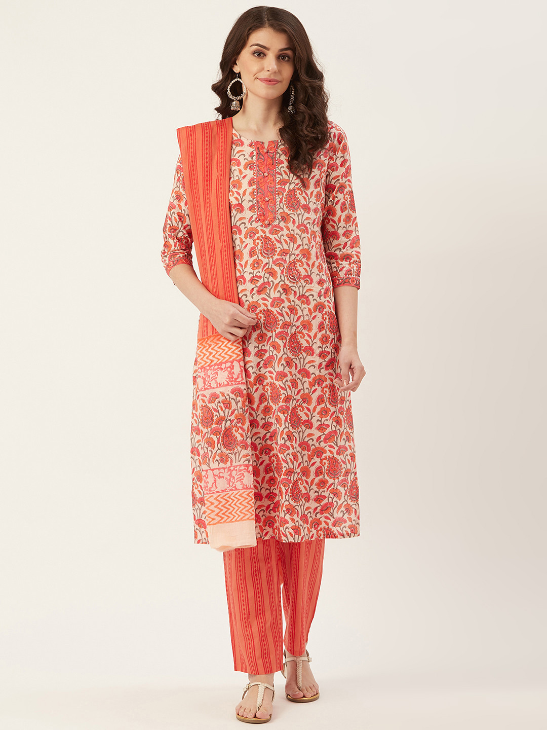 

Prakrti Cream-Coloured Paisley Handblock Print Kurta with Trousers & Dupatta