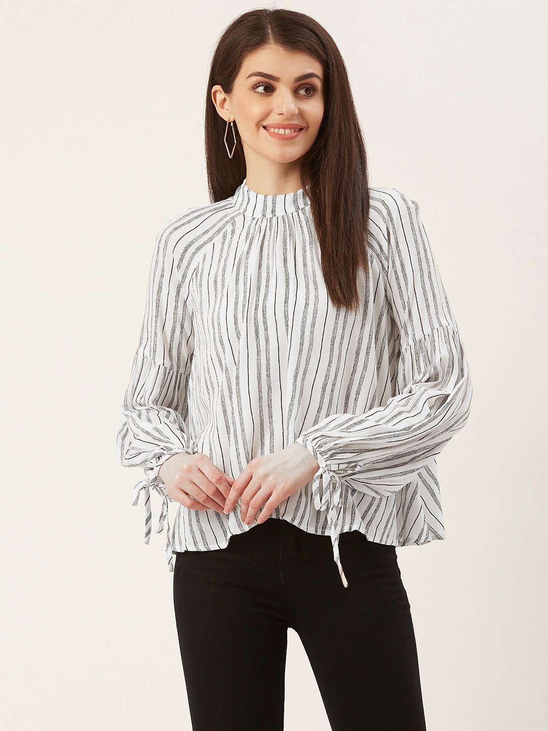 

Prakrti Women White & Black Striped A-Line Top