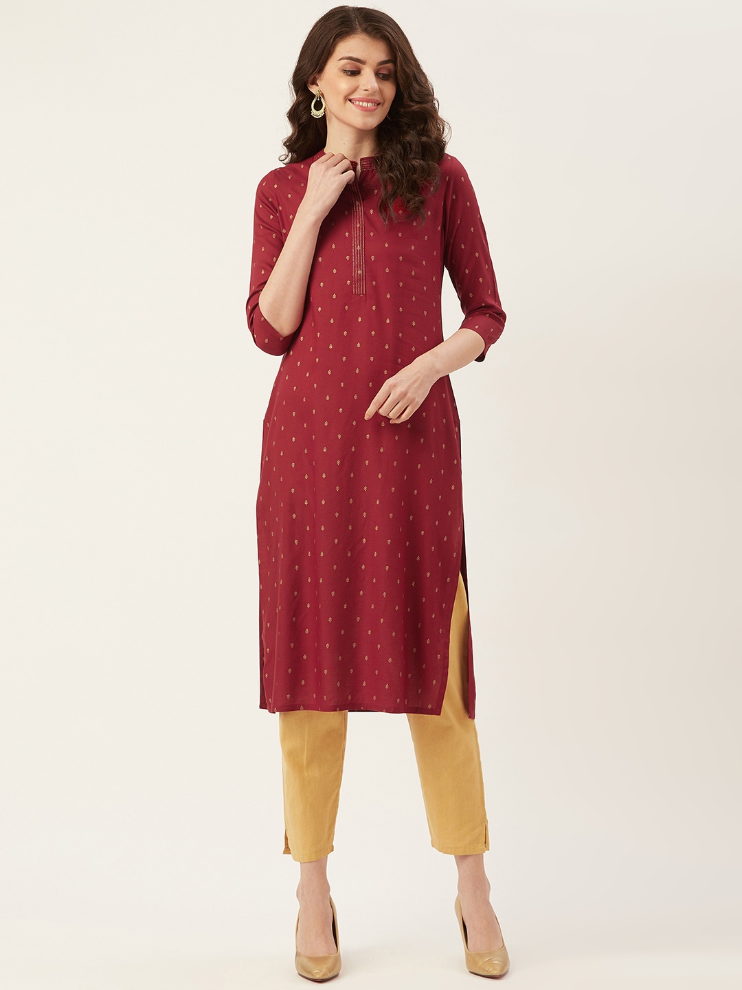 

Prakrti Women Maroon & Golden Printed Straight Kurta