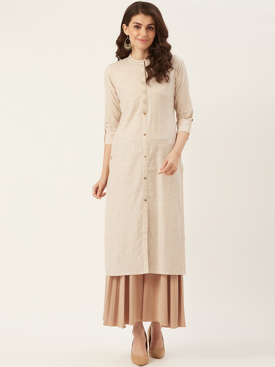 

Prakrti Women Beige Striped Handwork Straight Sustainable Kurta