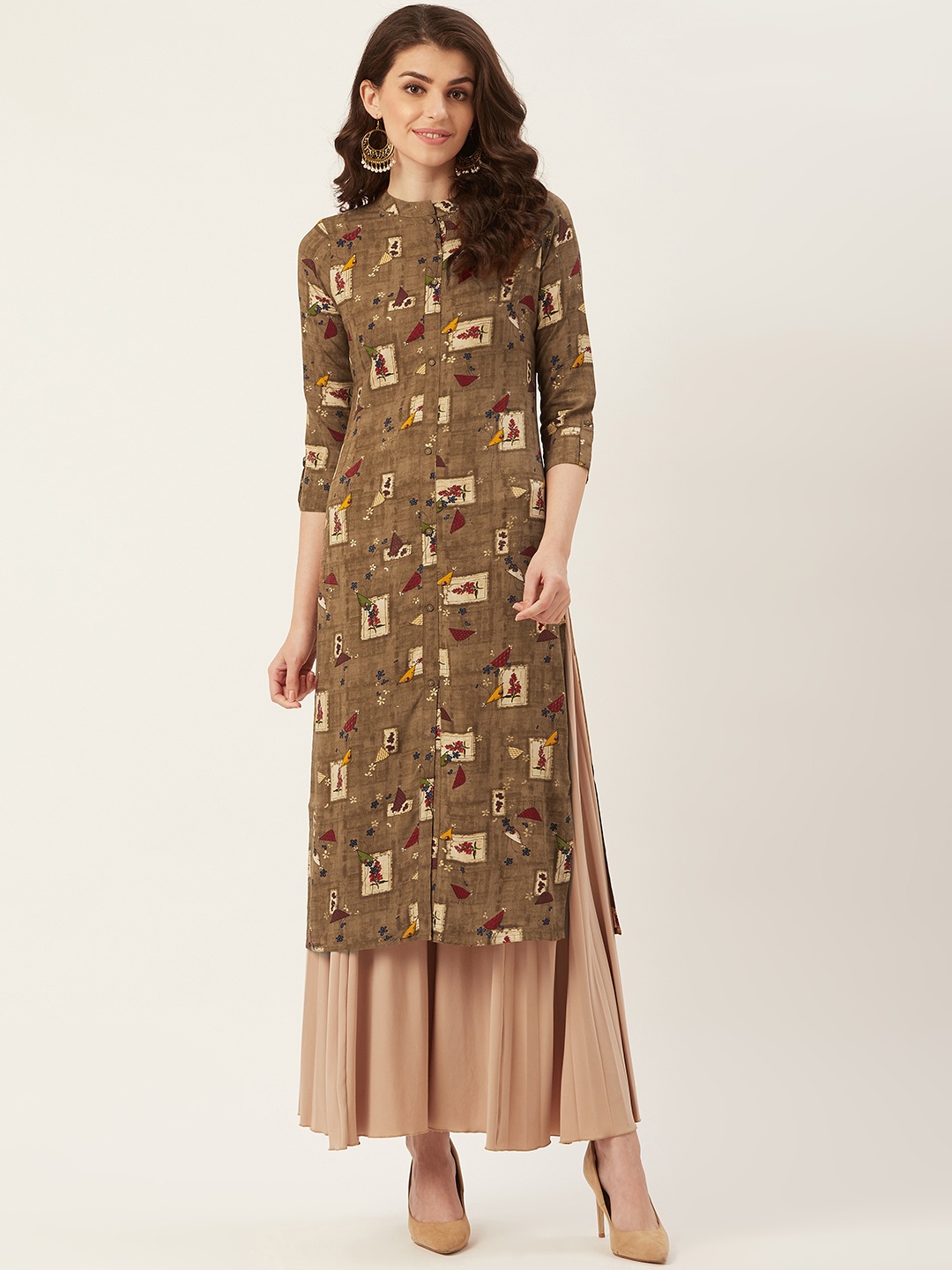 

Prakrti Women Brown & Beige Ethnic Printed Straight Kurta