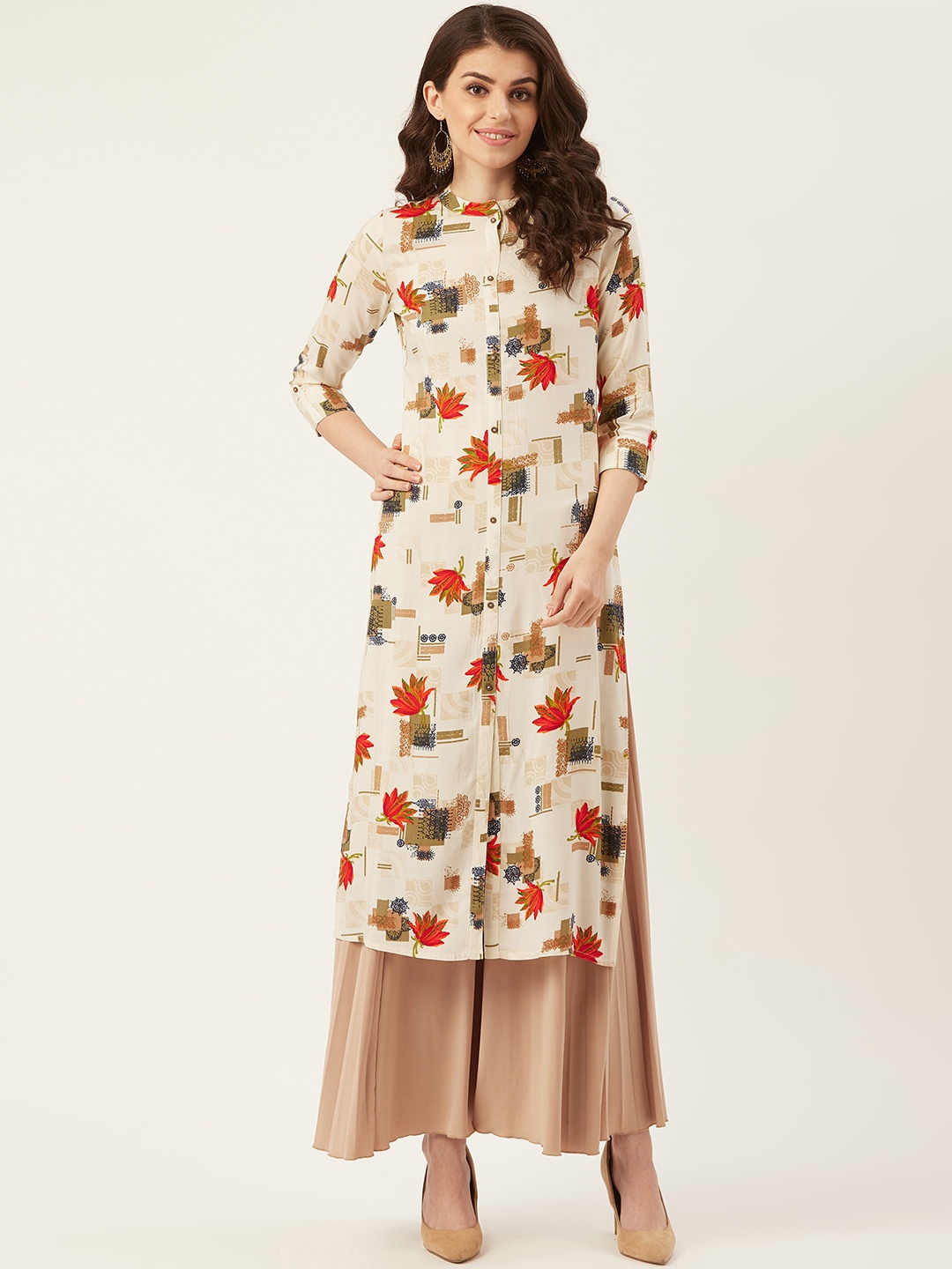 

Prakrti Women Cream-Coloured & Red Floral Printed Straight Kurta