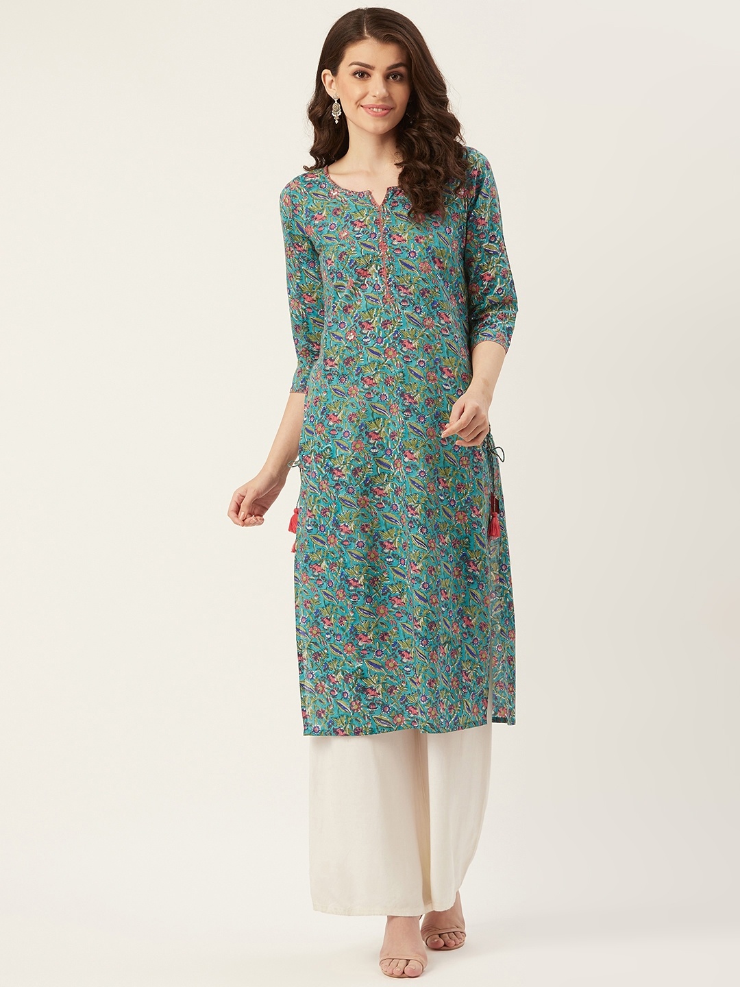 

Prakrti Women Green & Pink Hand Block Printed Sustainable Straight Kurta
