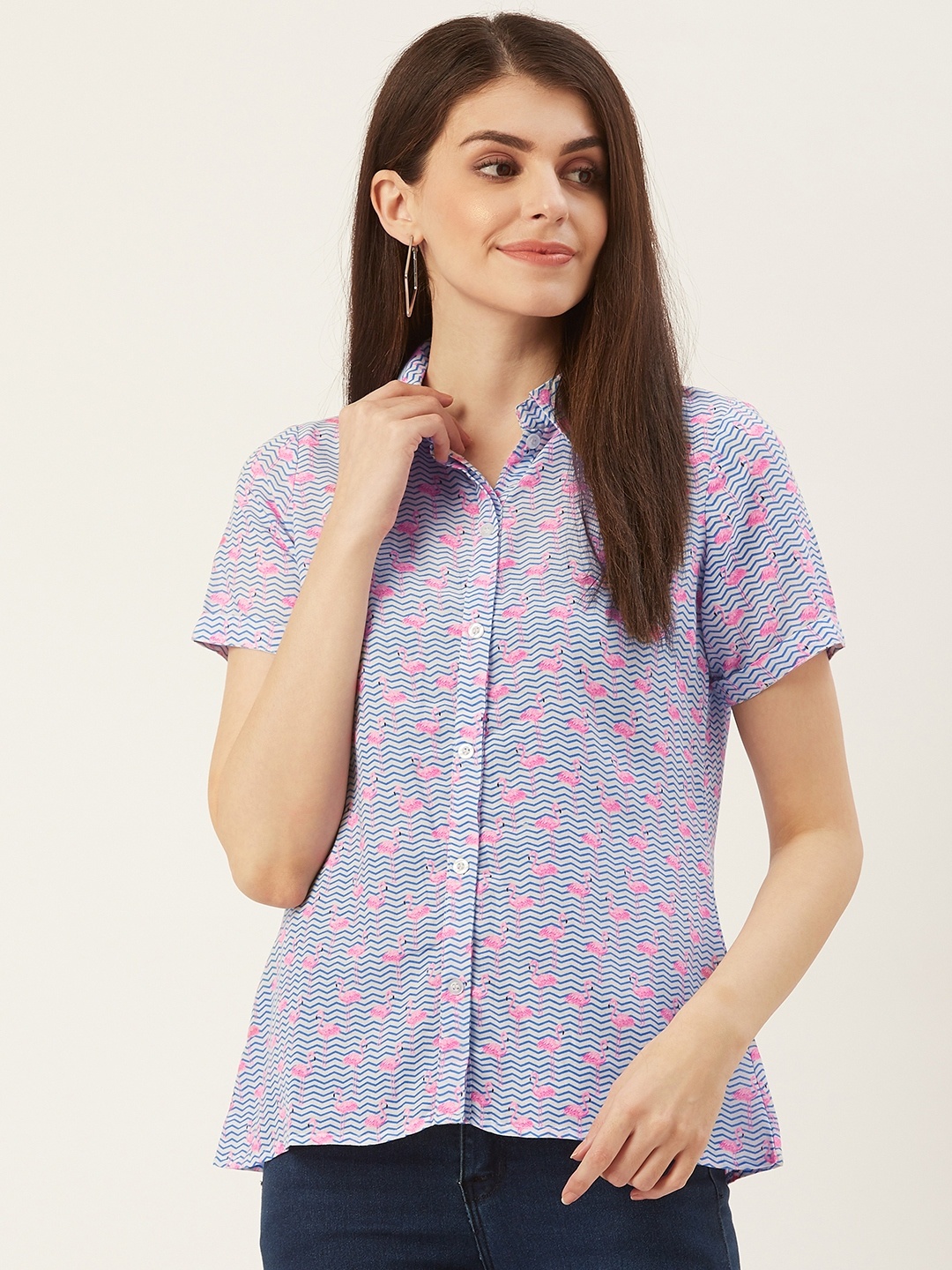 

Prakrti Women Off-White & Blue Regular Fit Conversational Printed Casual Shirt