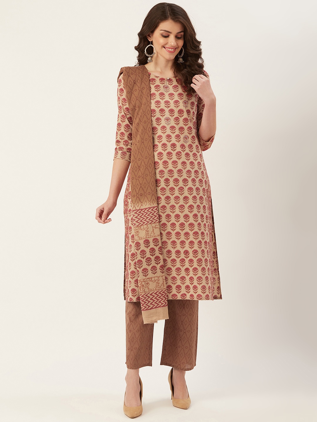 

Prakrti Women Beige & Brown Printed Sustainable Kurta with Palazzos & Dupatta