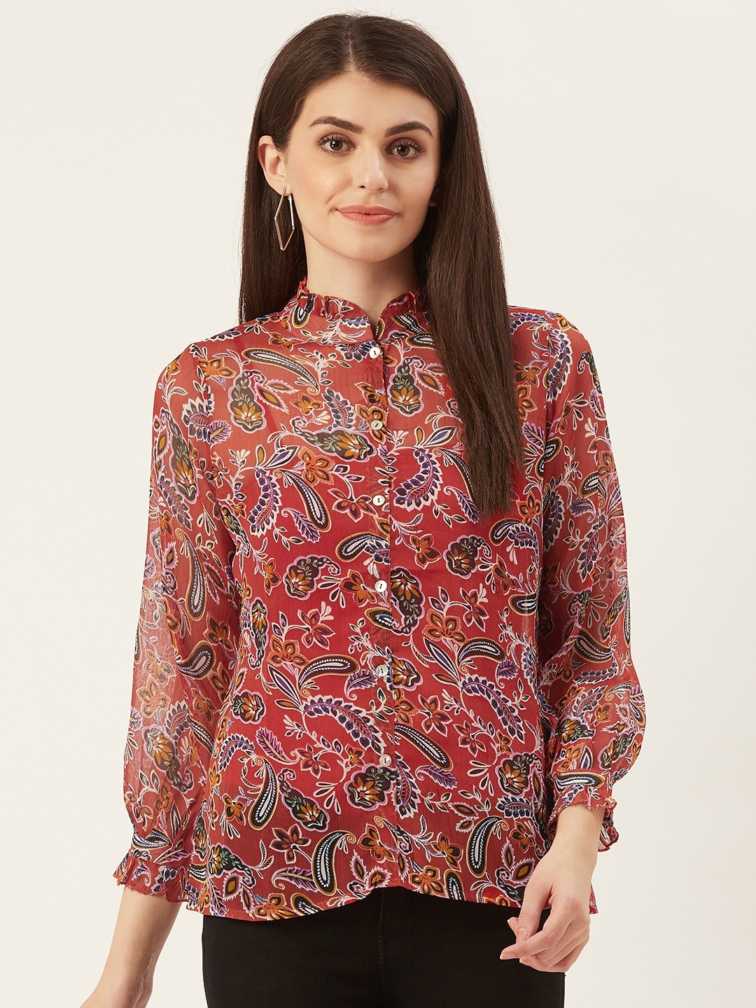 

Prakrti Women Rust Red & White Regular Fit Ethnic Printed Semi Sheer Casual Shirt