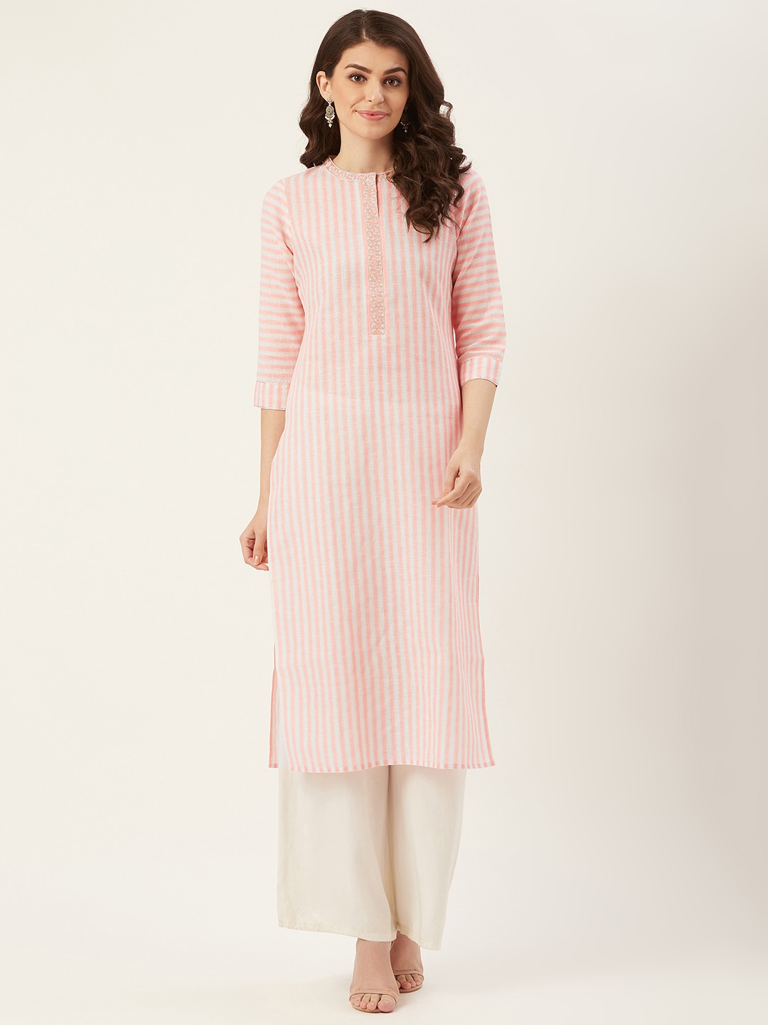 

Prakrti Women Peach-Coloured & Off-White Striped Straight Kurta