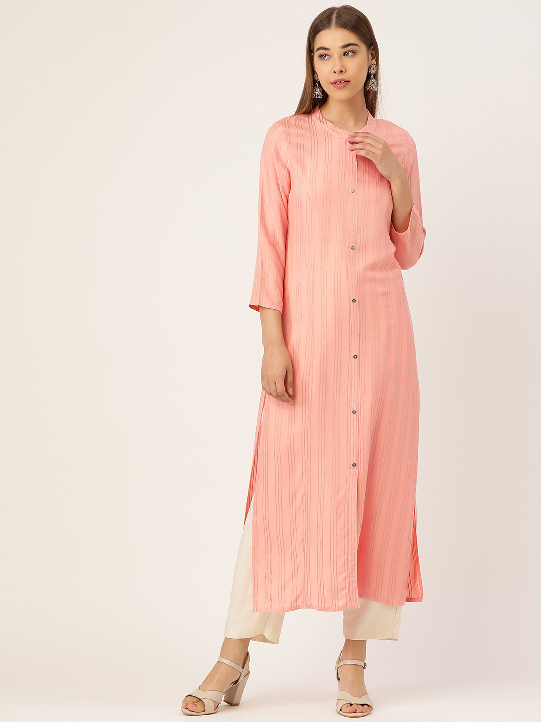 

Prakrti Women Peach-Coloured Striped Straight Sustainable Kurta