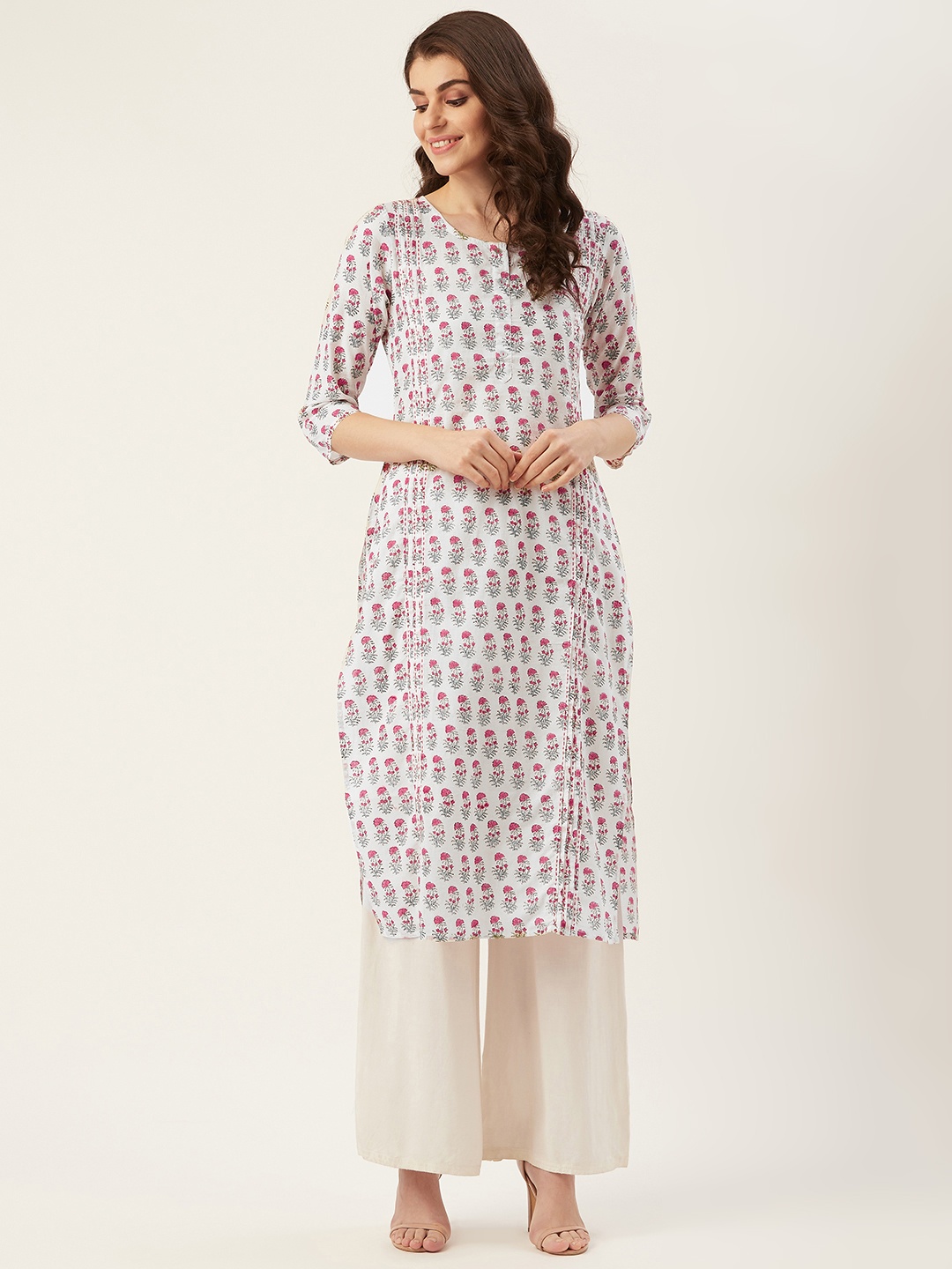 

Prakrti Women White & Pink Printed Straight Kurta