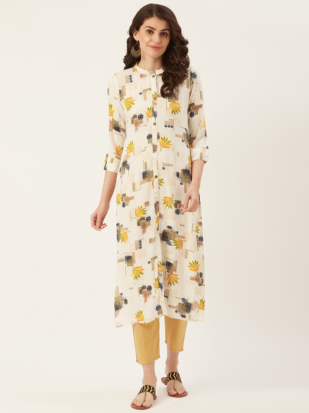 

Prakrti Women Off-White & Yellow Floral Print Straight Kurta