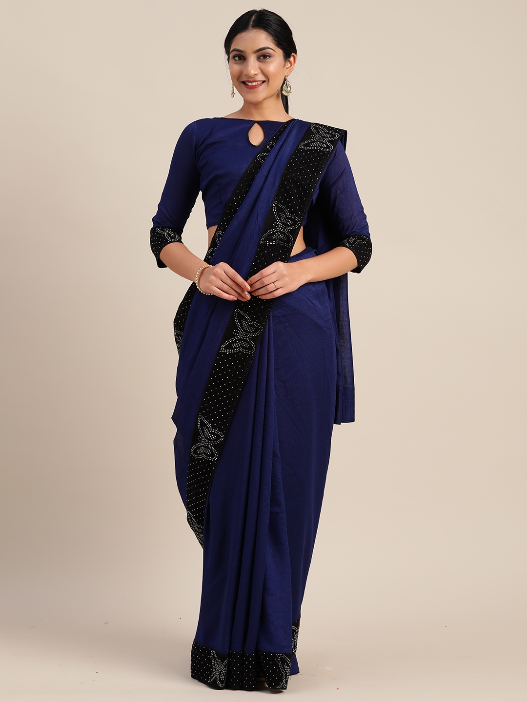 

Mitera Navy Blue Solid Lace Saree