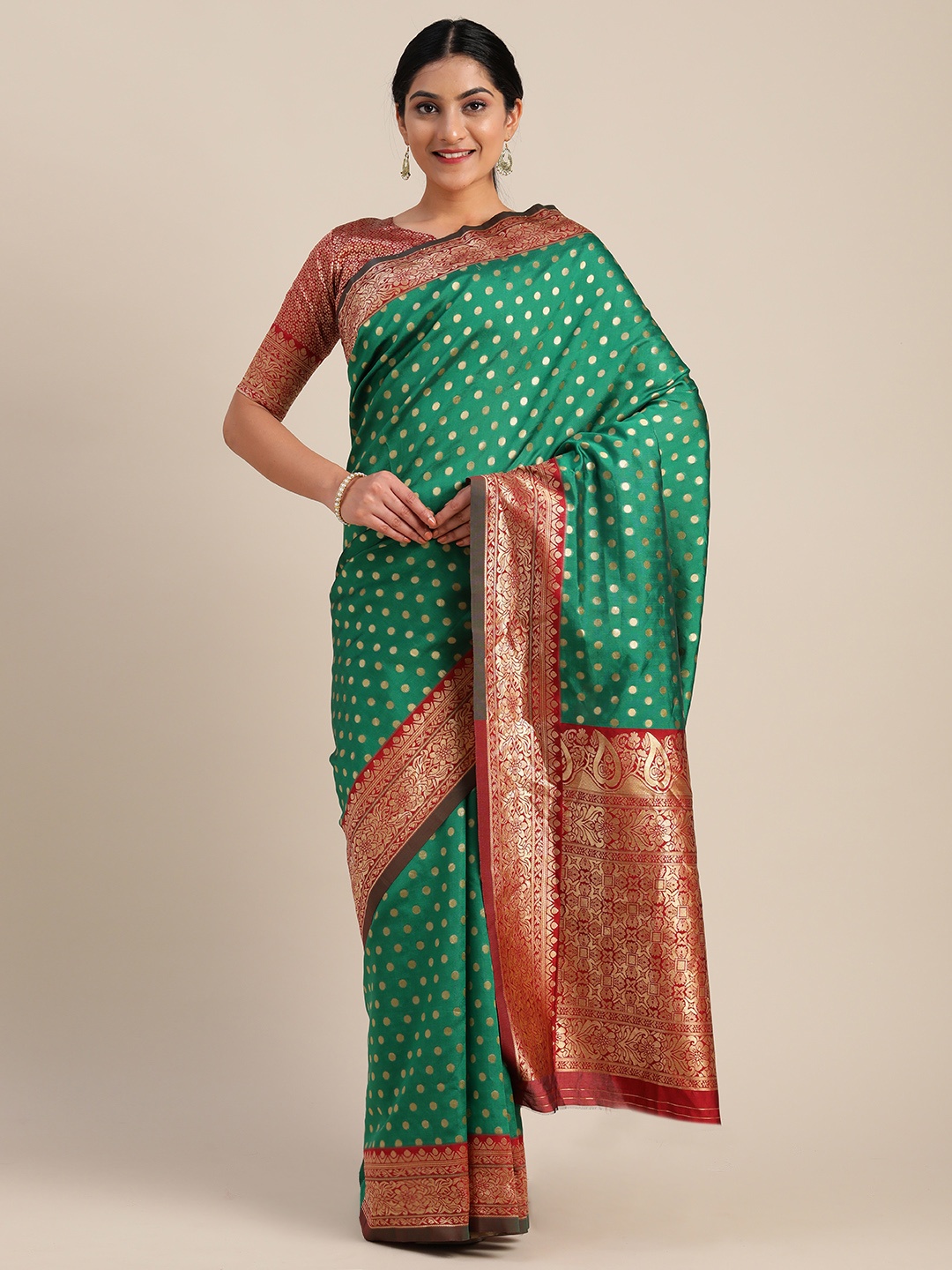 

Mitera Green Silk Blend Woven Design Kanjeevaram Saree