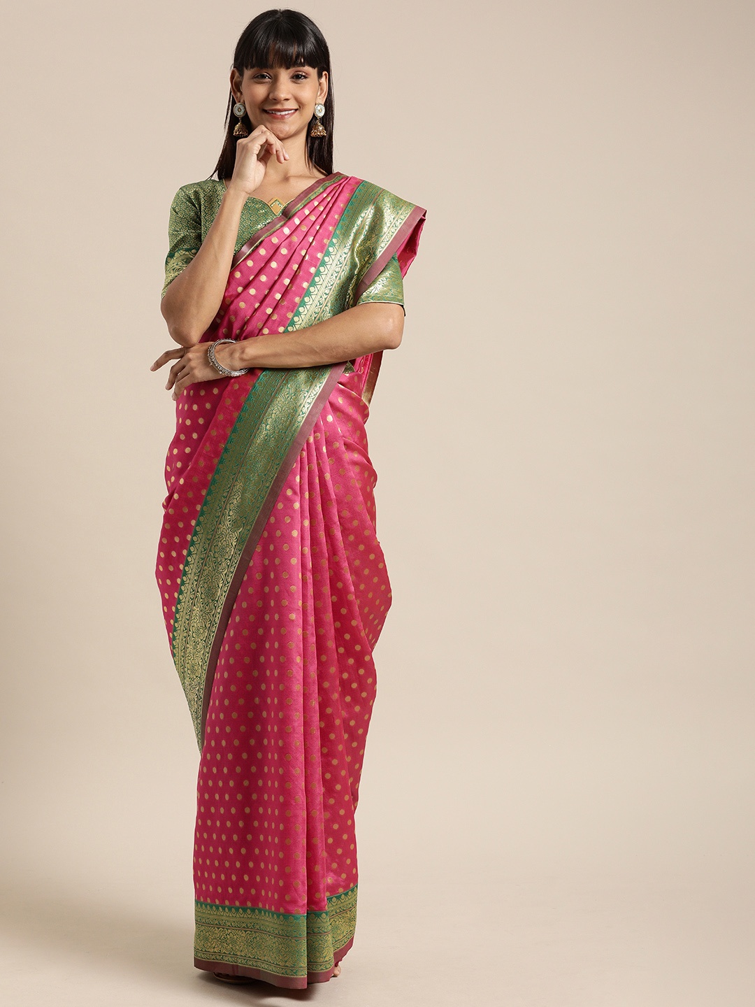 

Mitera Pink & Gold-Toned Silk Blend Woven Design Kanjeevaram Saree