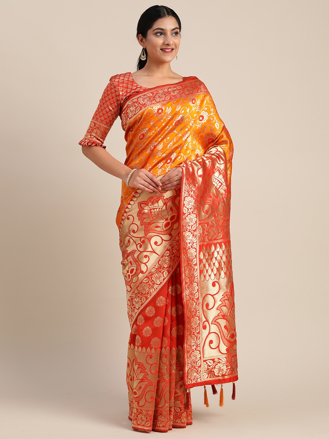 

Mitera Mustard & Gold-Toned Silk Blend Woven Design Kanjeevaram Saree
