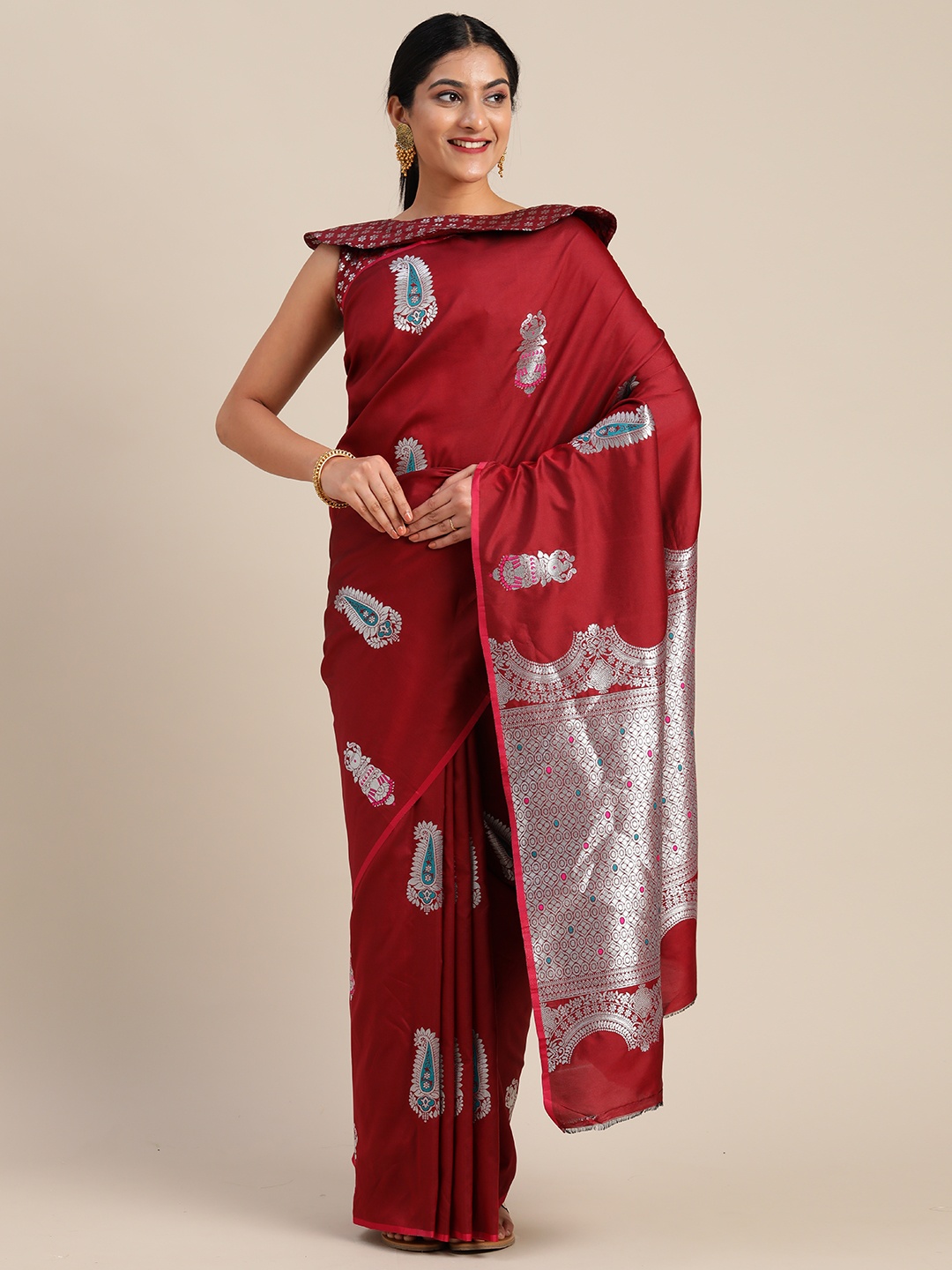 

Mitera Maroon Silk Blend Woven Design Kanjeevaram Saree