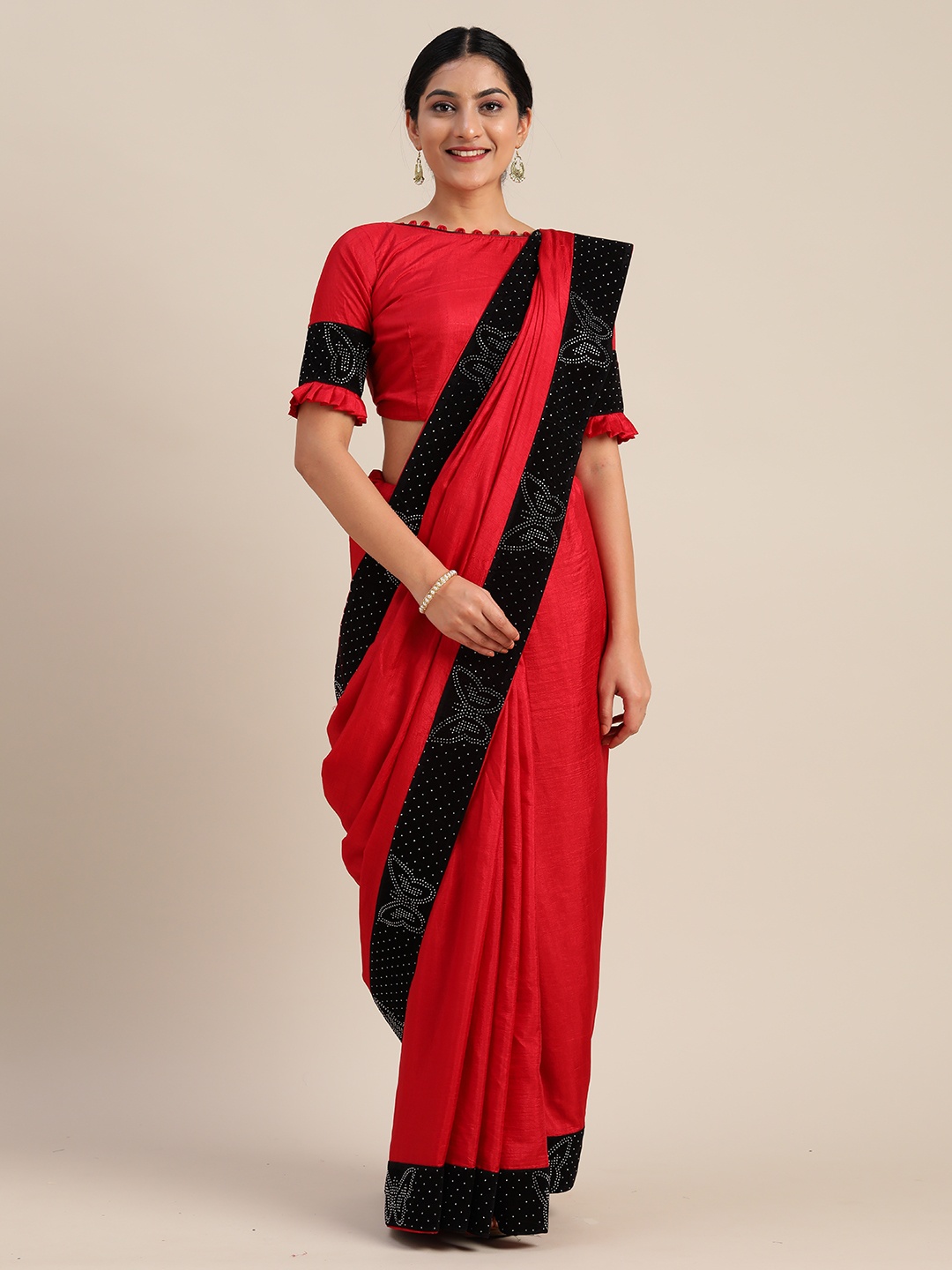 

Mitera Red Solid Lace Saree with Embellished Border