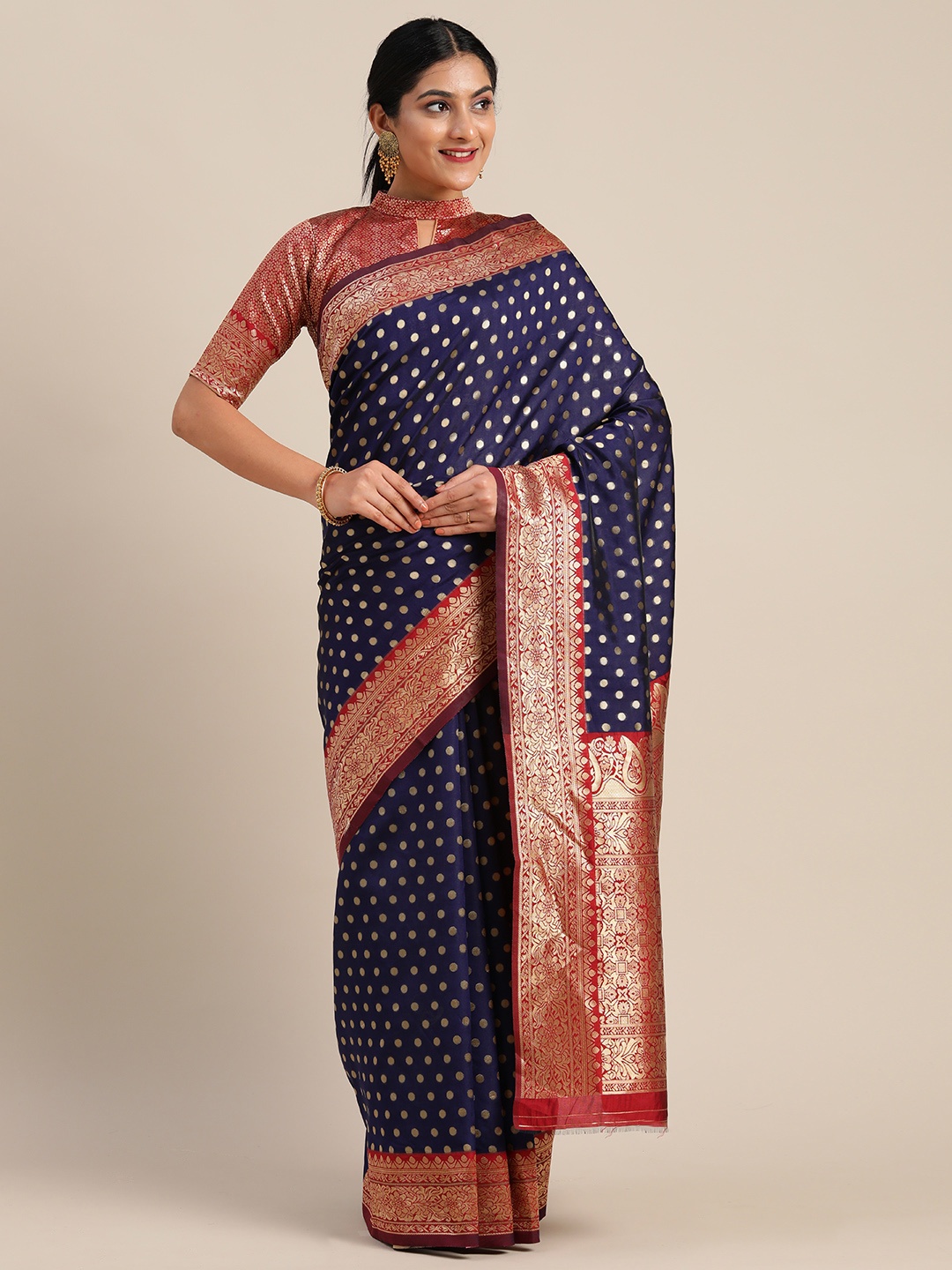

Mitera Navy Blue & Gold-Toned Silk Blend Woven Design Kanjeevaram Saree