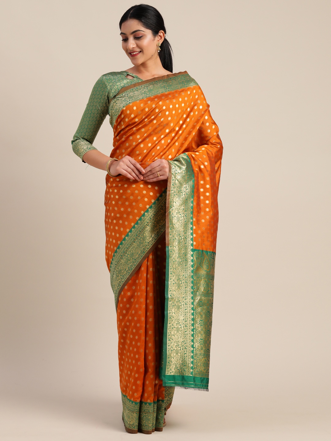 

Mitera Mustard Yellow & Gold-Toned Silk Blend Woven Design Kanjeevaram Saree