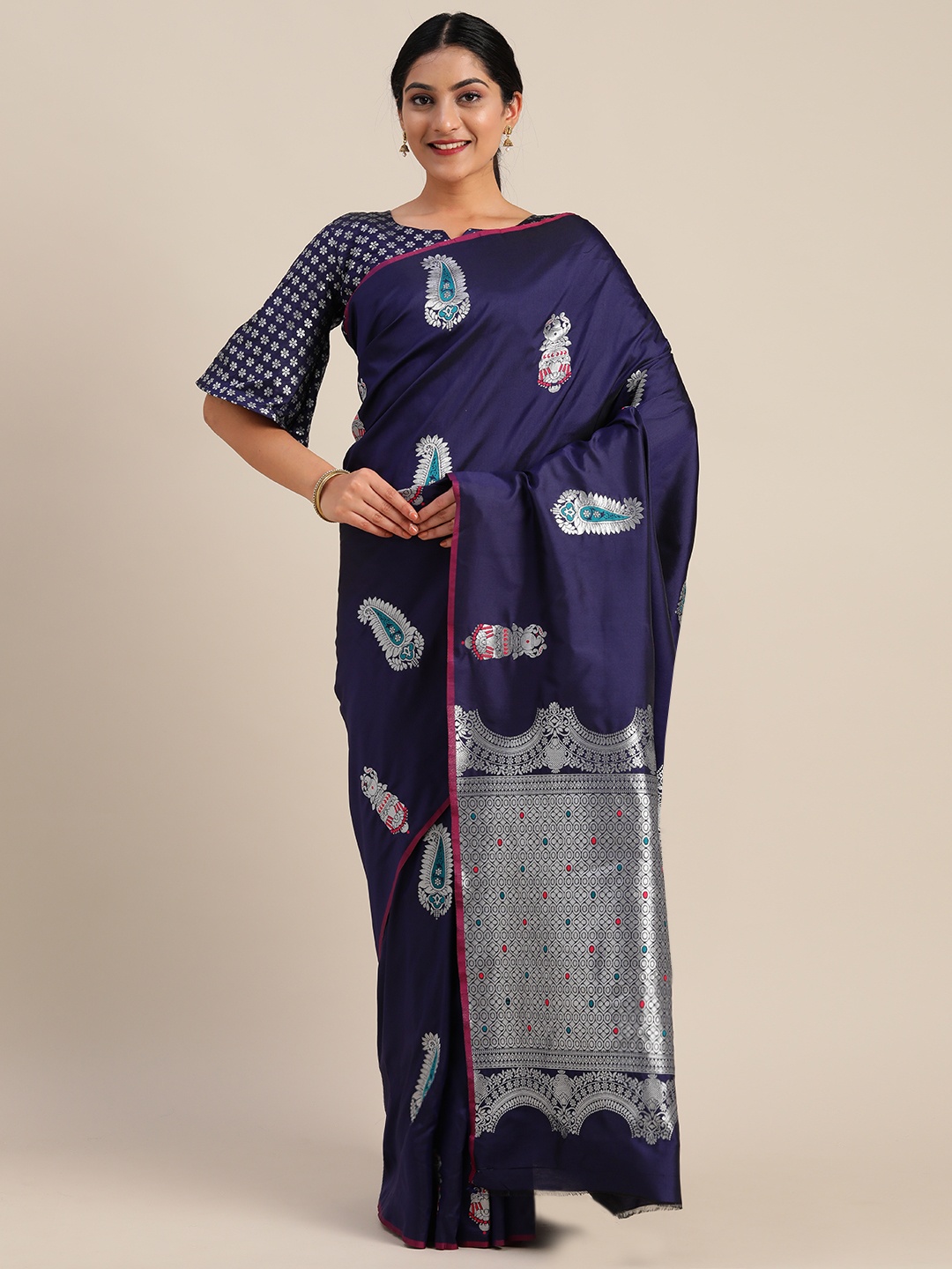

Mitera Navy Blue & Silver-Toned Silk Blend Woven Design Kanjeevaram Saree