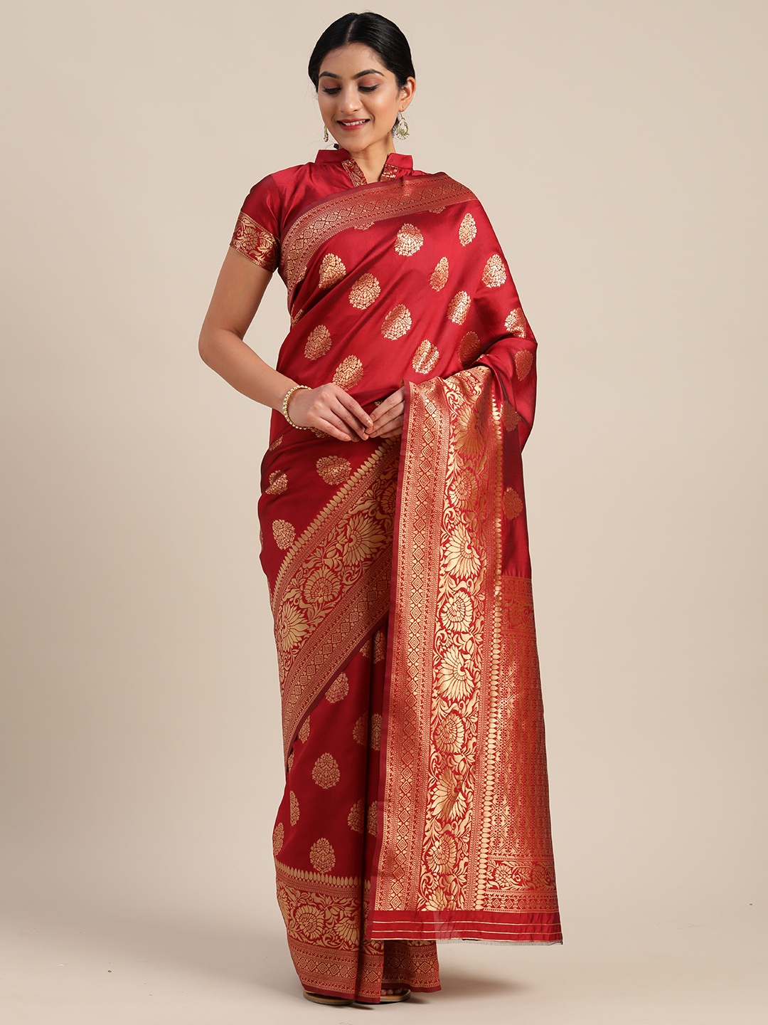 

Mitera Maroon & Gold-Toned Silk Blend Woven Design Kanjeevaram Saree