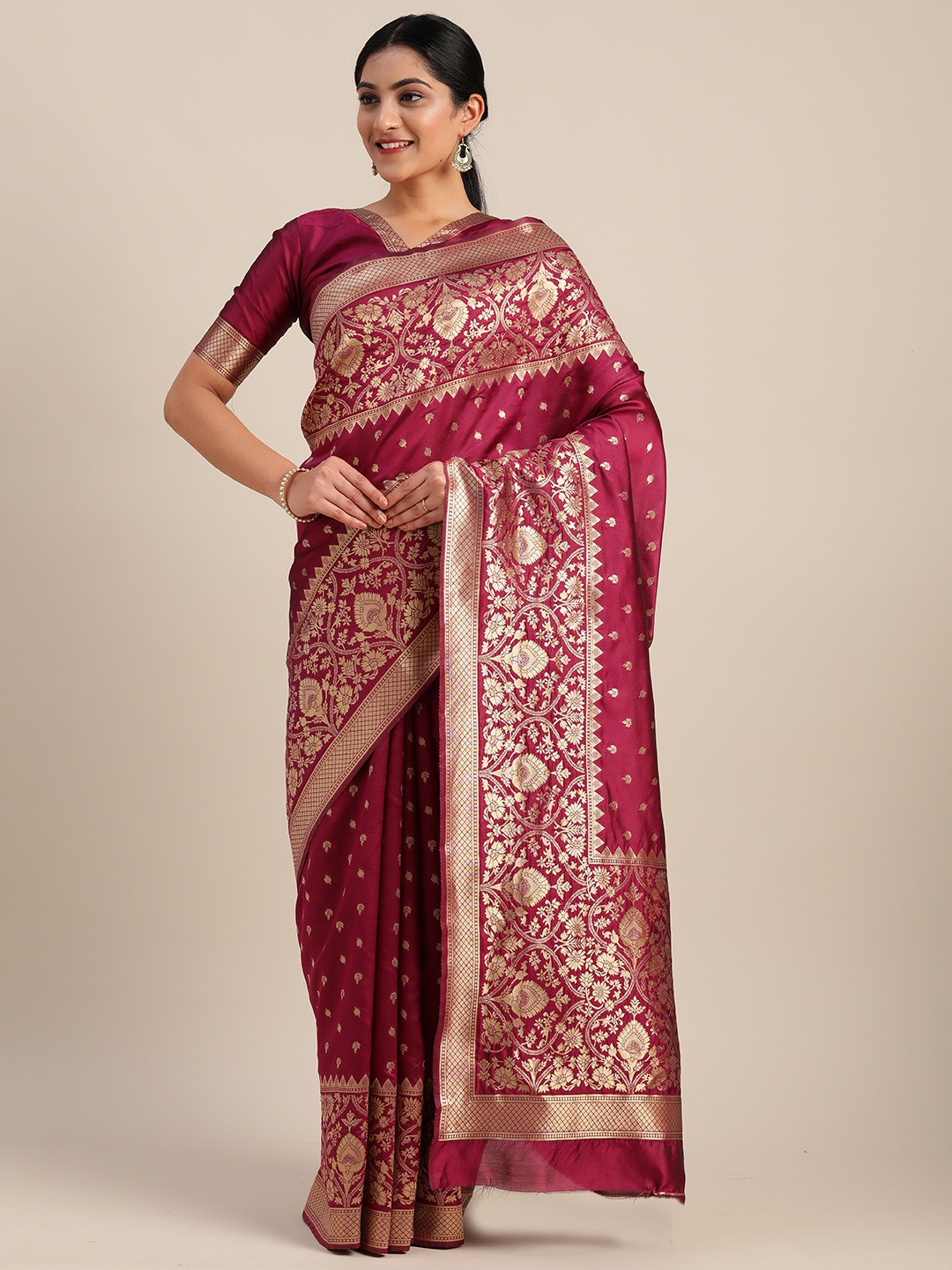 

Mitera Magenta & Gold-Toned Silk Blend Woven Design Kanjeevaram Saree