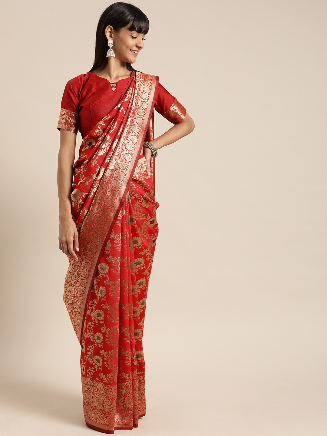 

Mitera Maroon & Gold-Toned Silk Blend Woven Design Kanjeevaram Saree