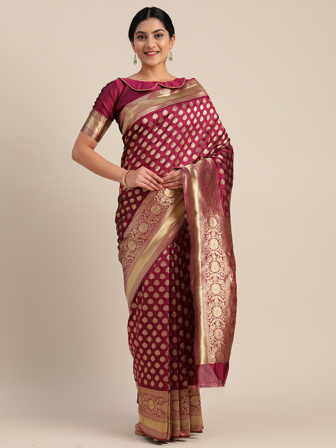 

Mitera Maroon & Gold-Toned Silk Blend Woven Design Kanjeevaram Saree