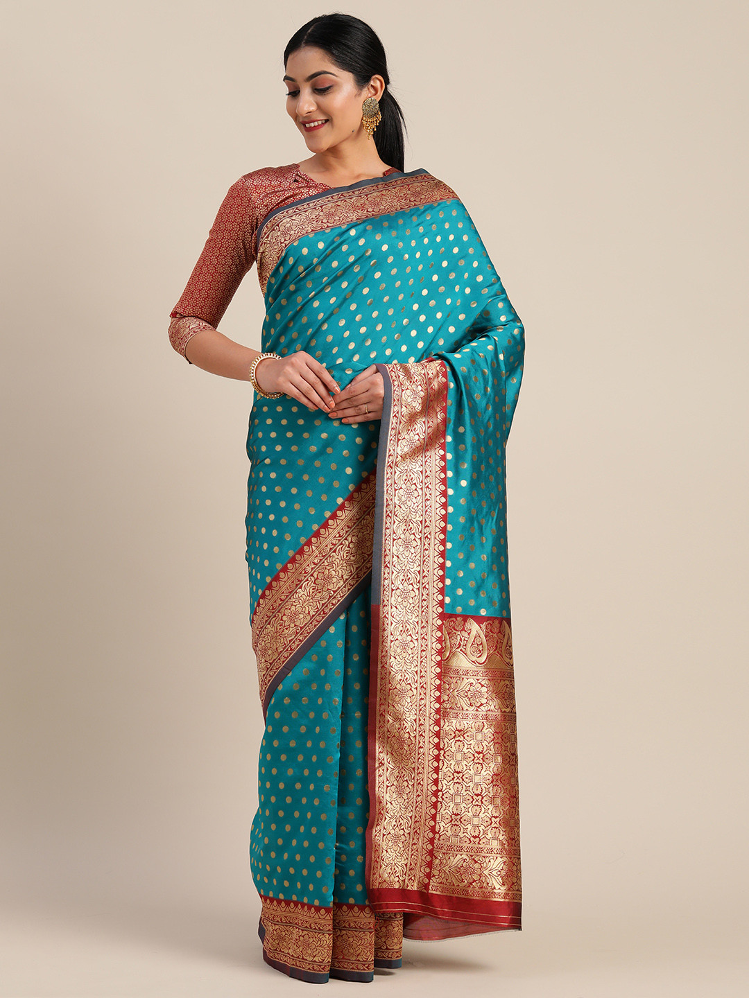 

Mitera Turquoise Blue & Gold-Toned Silk Blend Woven Design Kanjeevaram Saree