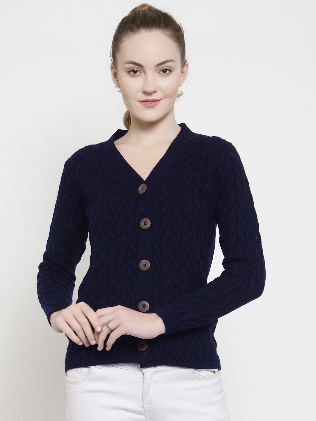 

Kalt Women Navy Blue Solid Cable Knit Cardigan Sweater