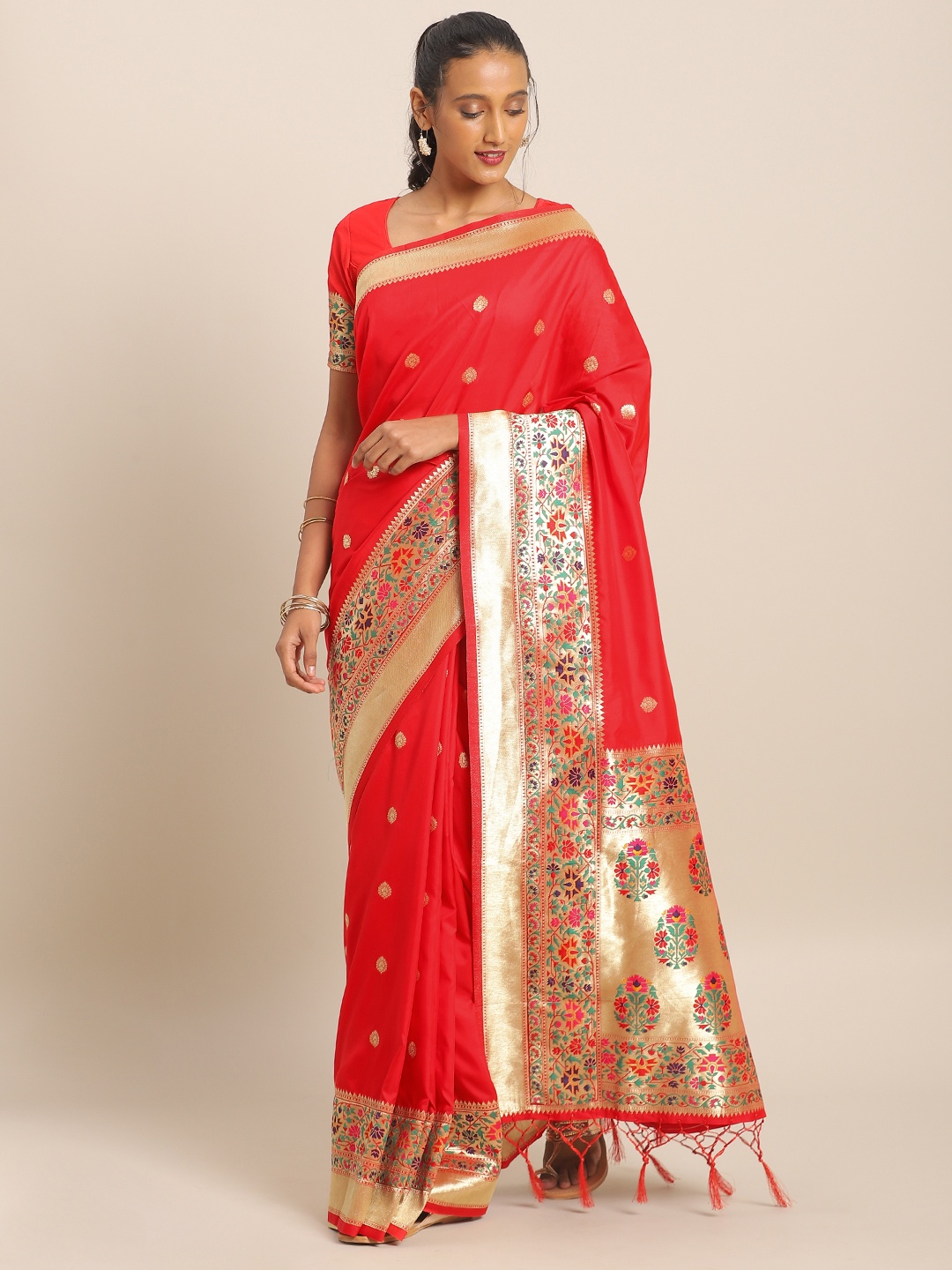 

flaher Red & Gold-Toned Brocade Woven Design Banarasi Saree