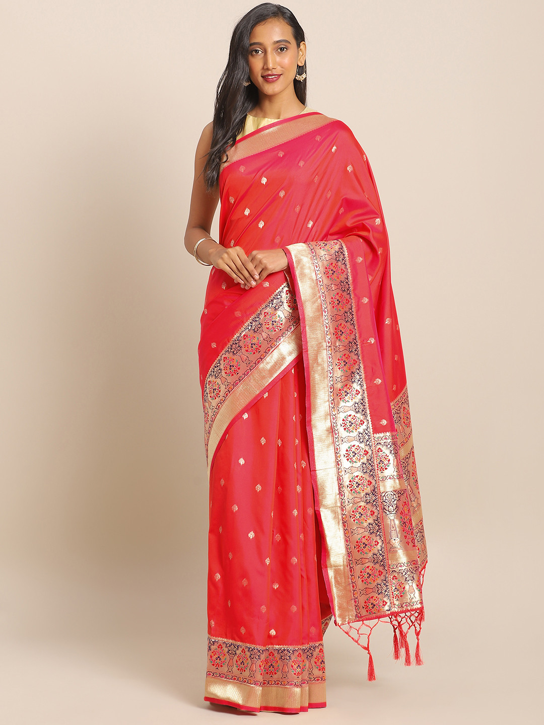 

flaher Coral Pink & Gold-Toned Brocade Woven Design Banarasi Saree
