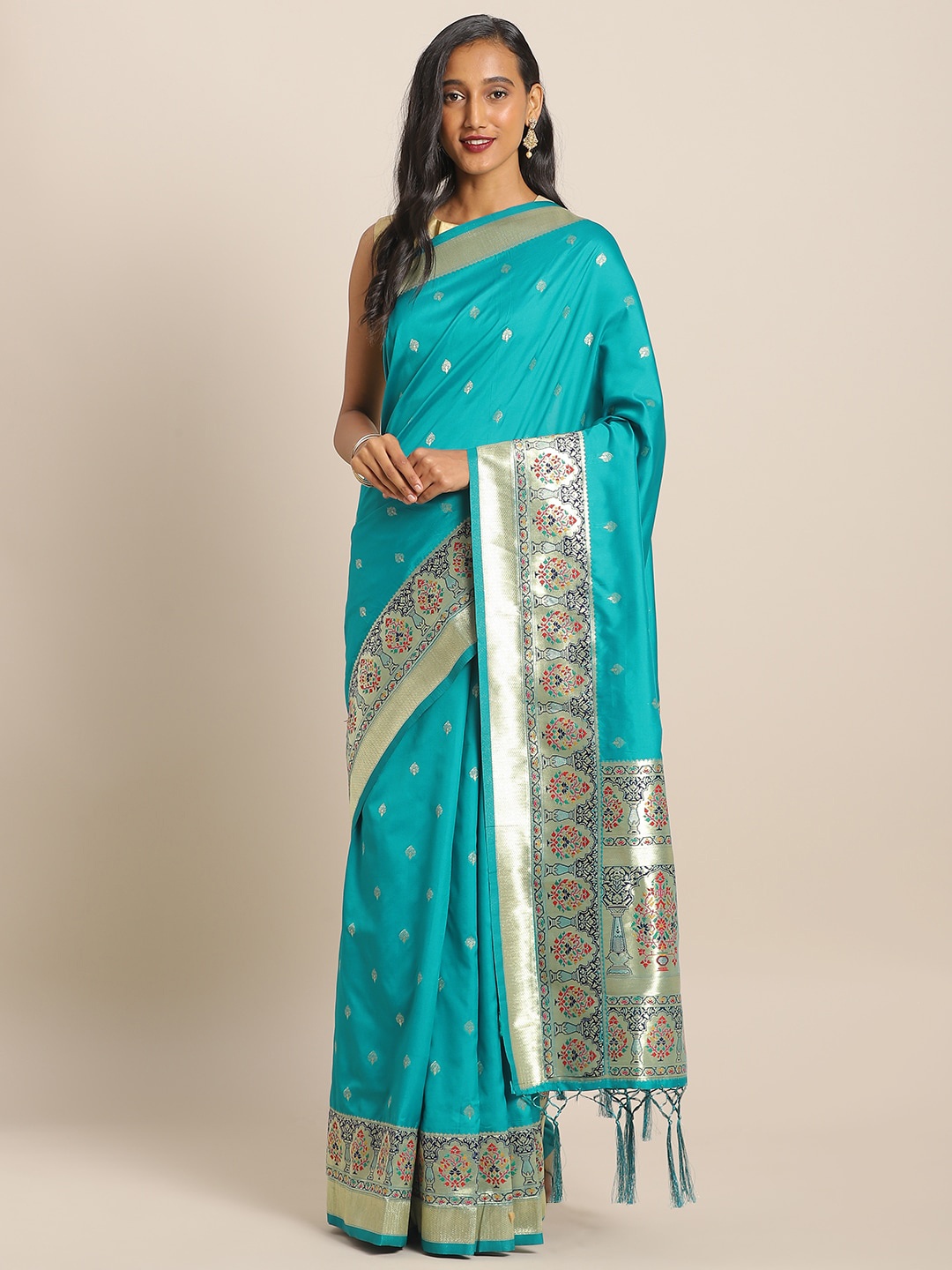 

flaher Turquoise Blue & Gold-Toned Brocade Woven Design Banarasi Saree