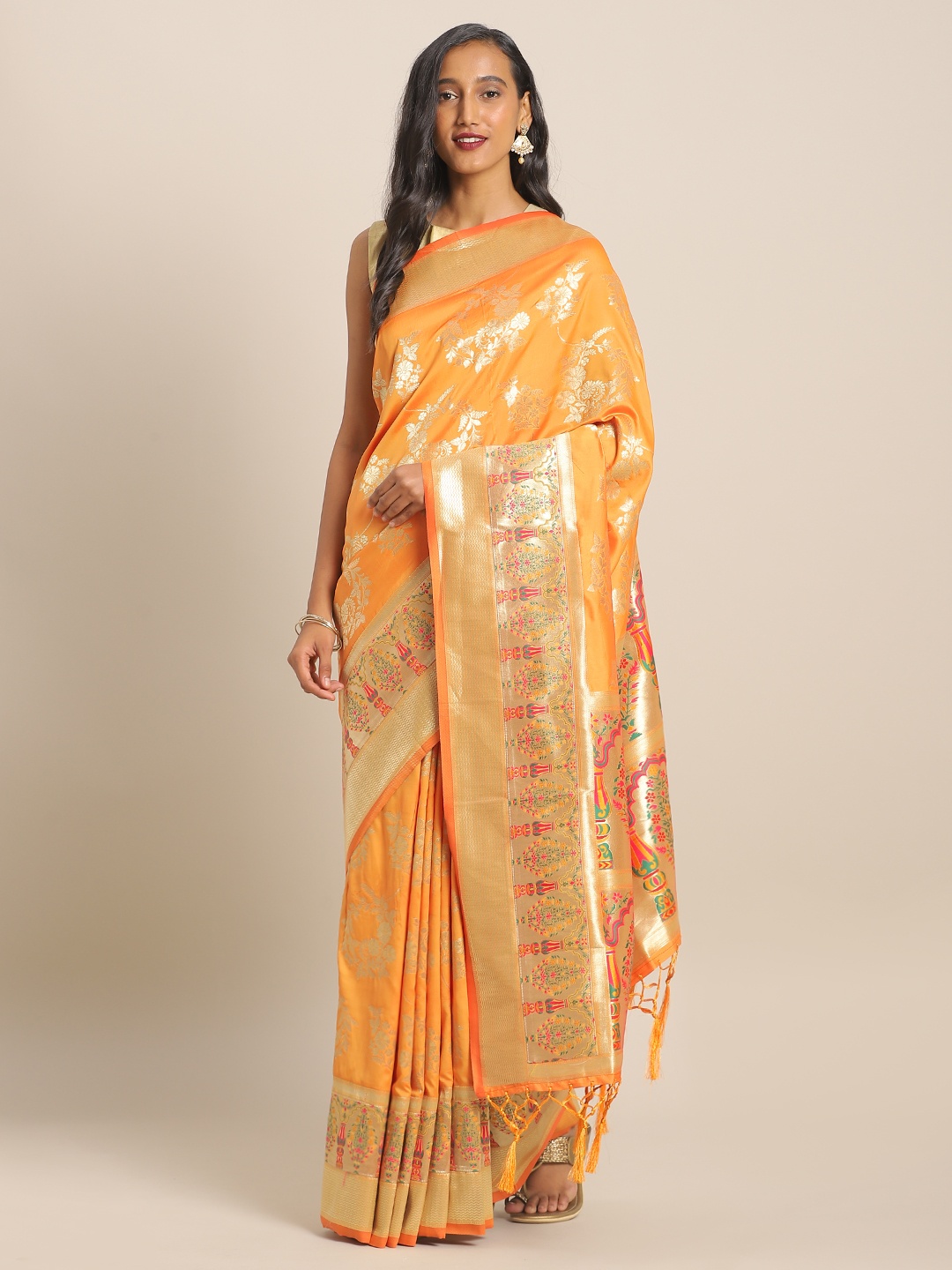 

flaher Mustard Yellow & Gold-Toned Brocade Woven Design Banarasi Saree