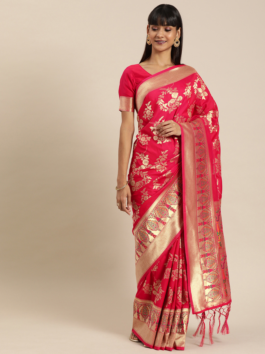 

flaher Pink & Gold-Toned Brocade Woven Design Banarasi Saree