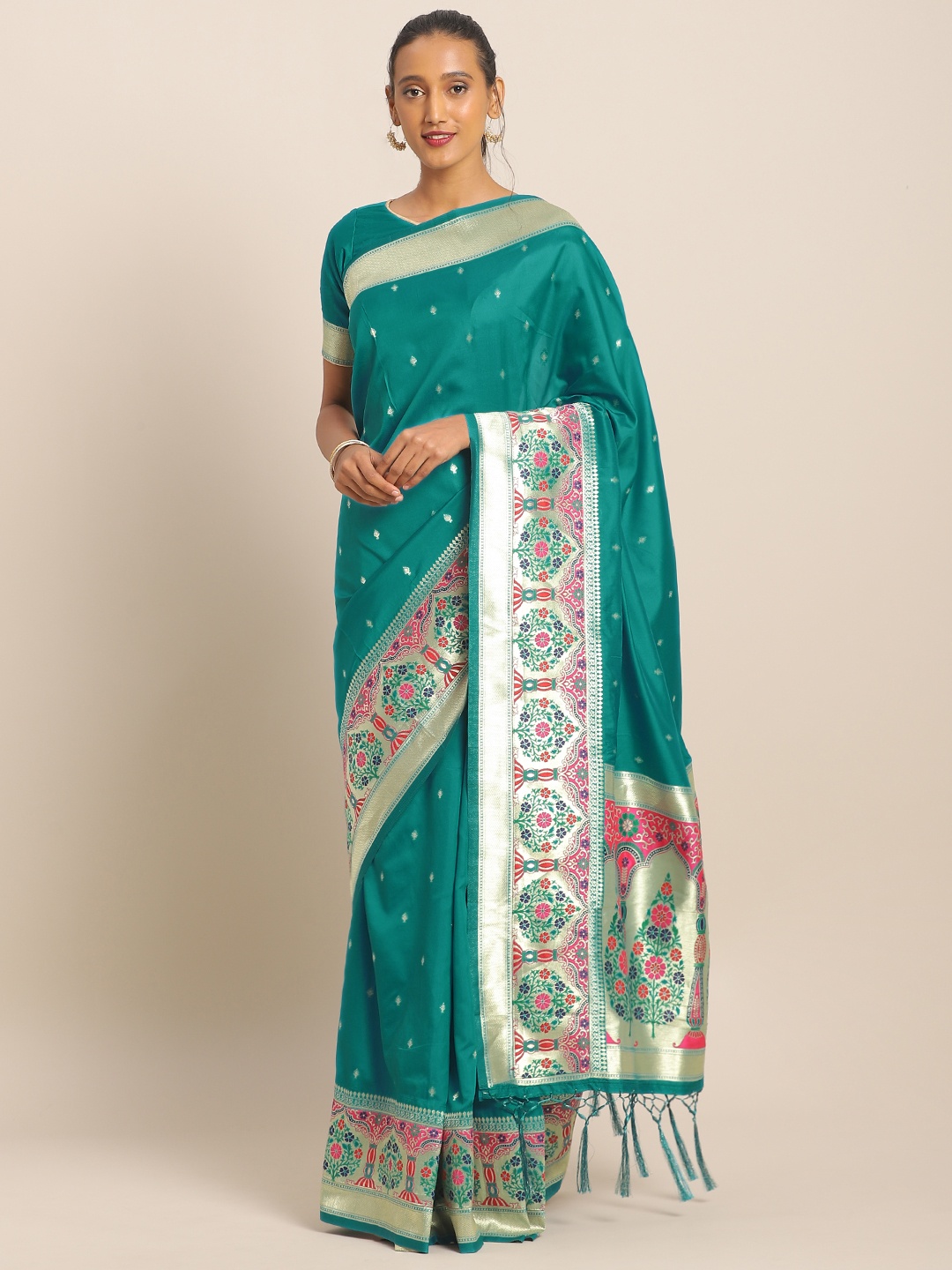 

flaher Teal Green & Gold-Toned Brocade Woven Design Banarasi Saree
