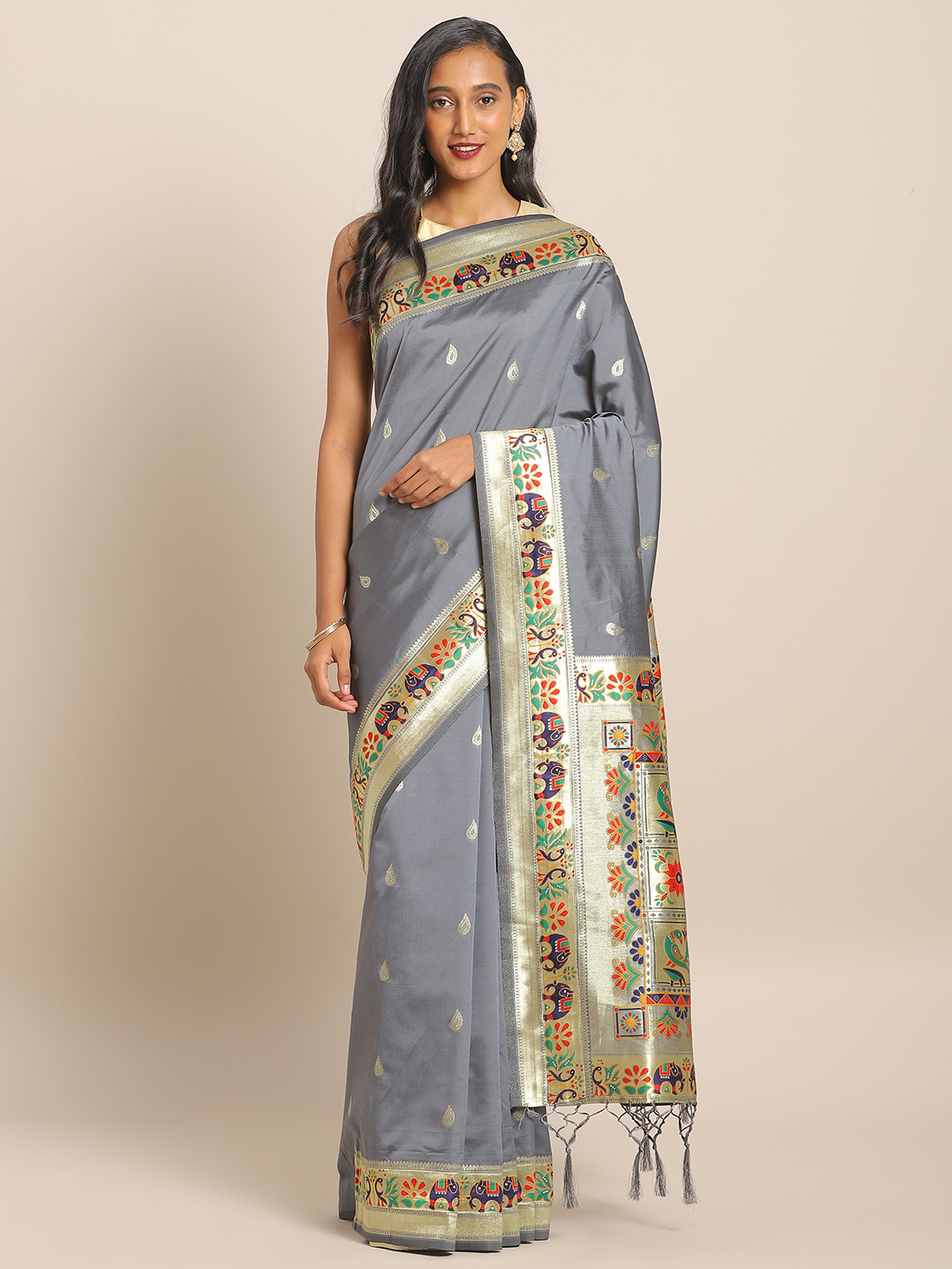 

flaher Grey & Gold-Toned Brocade Woven Design Banarasi Saree