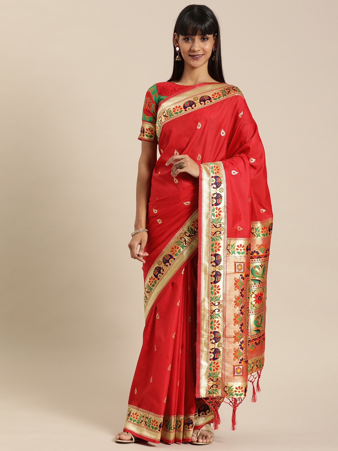 

flaher Red & Gold-Toned Brocade Woven Design Banarasi Saree
