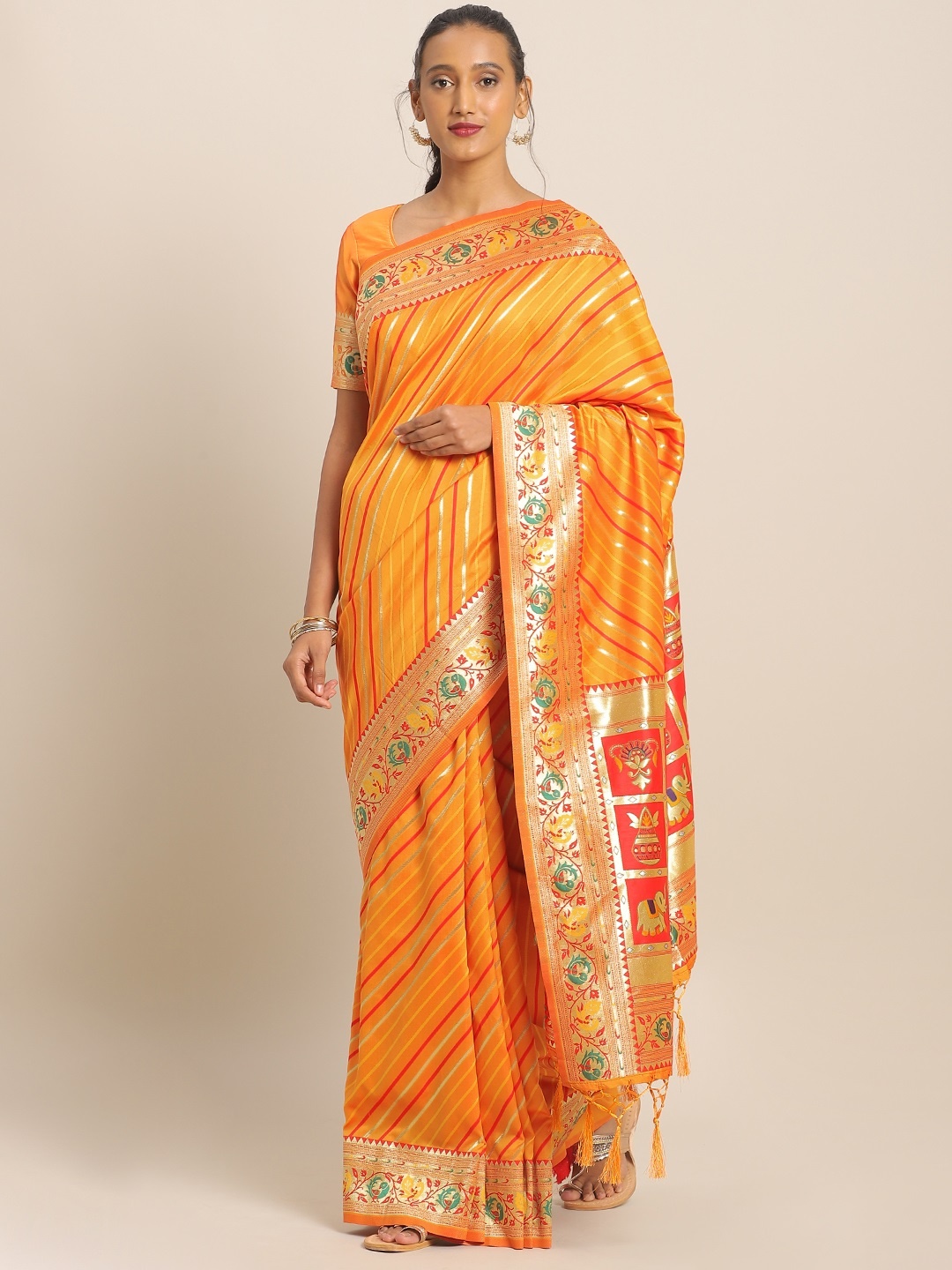 

flaher Mustard Yellow & Red Brocade Striped Banarasi Saree