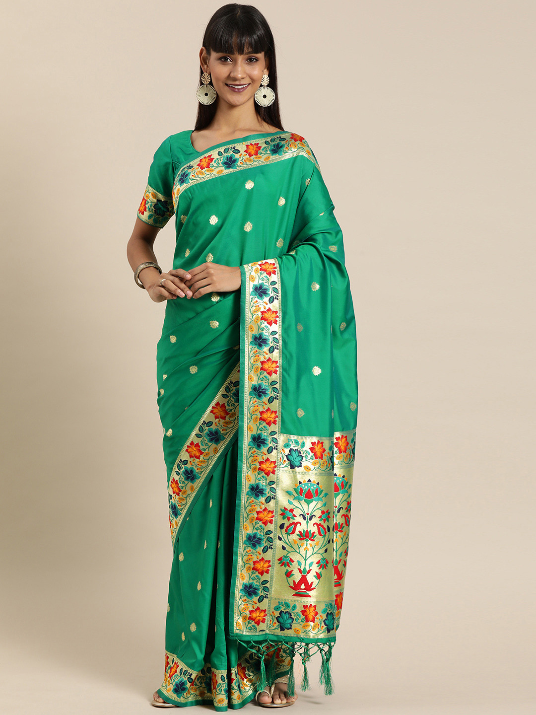 

flaher Green & Gold-Toned Brocade Woven Design Banarasi Saree
